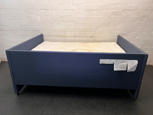 Navy Blue Upholstered Double Daybed with Mattress — Fair Used Condition with Mattress Staining