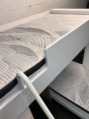 White L-Shaped Bunk Bed with Desk and Storage Cupboard — Good Condition