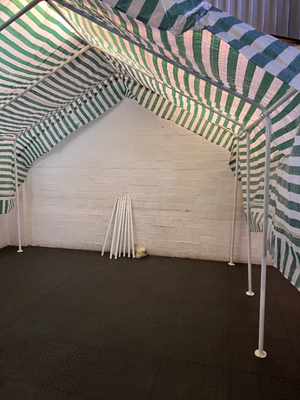 Striped Green and White Portable Canopy Carport — Fair General Condition