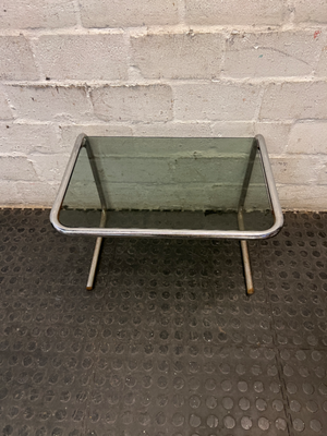 Glass Top Cantilever Side Table with Silver Frame — Well Used with Visible Wear