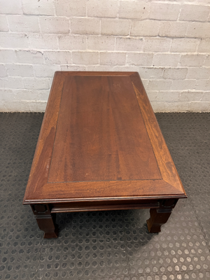 Classic Rectangular Wooden Coffee Table with Carved Legs — Fair Used Condition with Surface Wear