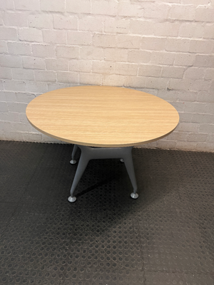 Round Oak-Toned Table with Modern Metal Base — Clean and Well-Maintained Condition