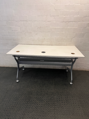 Modern White Office Desk with Grey Metal Base — Good Working Order