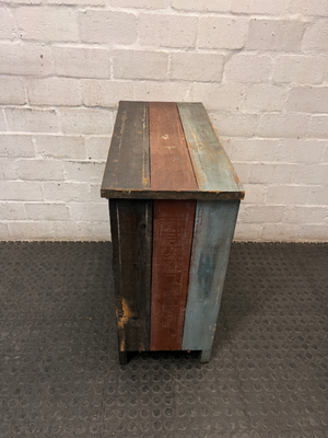 Rustic Multi-Coloured Wooden Sideboard Cabinet — Worn Vintage Finish with Visible Chips