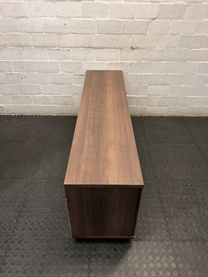 Dark Wood-Look TV Unit with Two Side Cupboards — Fair Condition with Visible Wear