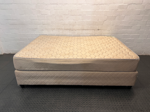 Extra Length Queen Mattress and Base Set in Beige — Fair Condition with Visible Wear