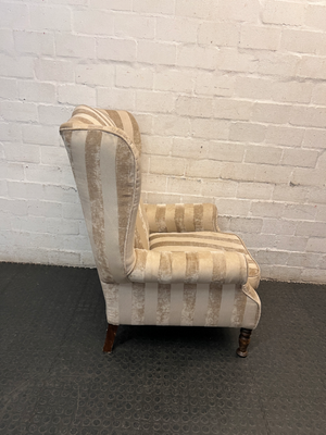 Striped Fabric Beige Wingback Chair — Good Condition