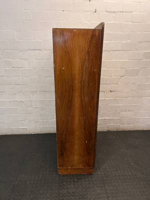 Vintage Dark Wood Two-Door Cupboard — Vintage Condition with Surface Wear and Stickers