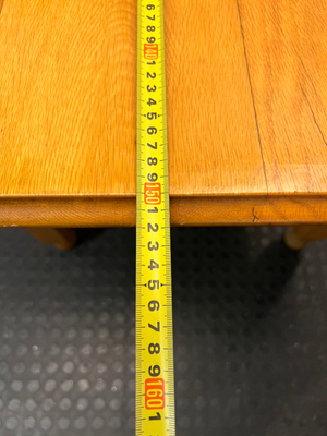 Wooden Dining Table with Rounded Corners and Bun Feet — Well Used with Scratches and Fading on Seats