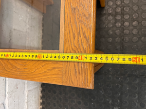 Oak-Toned Side Table with Inset Glass Top — Very Good Condition