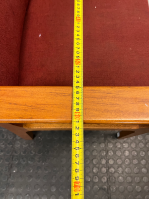 Red Fabric and Wood Office Chair — Well Used with Visible Wear and Scuffs