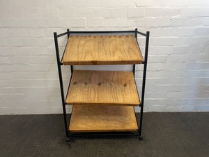 Black Frame 3 Tier Wooden Display Shelf on Wheels