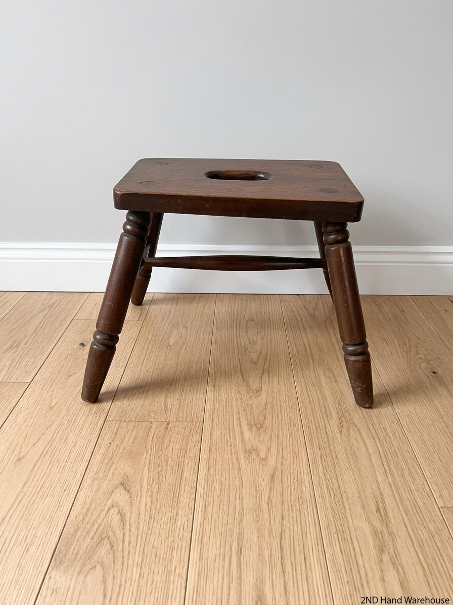 Dark Wood Low Stool with Carry Handle — Minor Surface Wear and Leg Scuffing