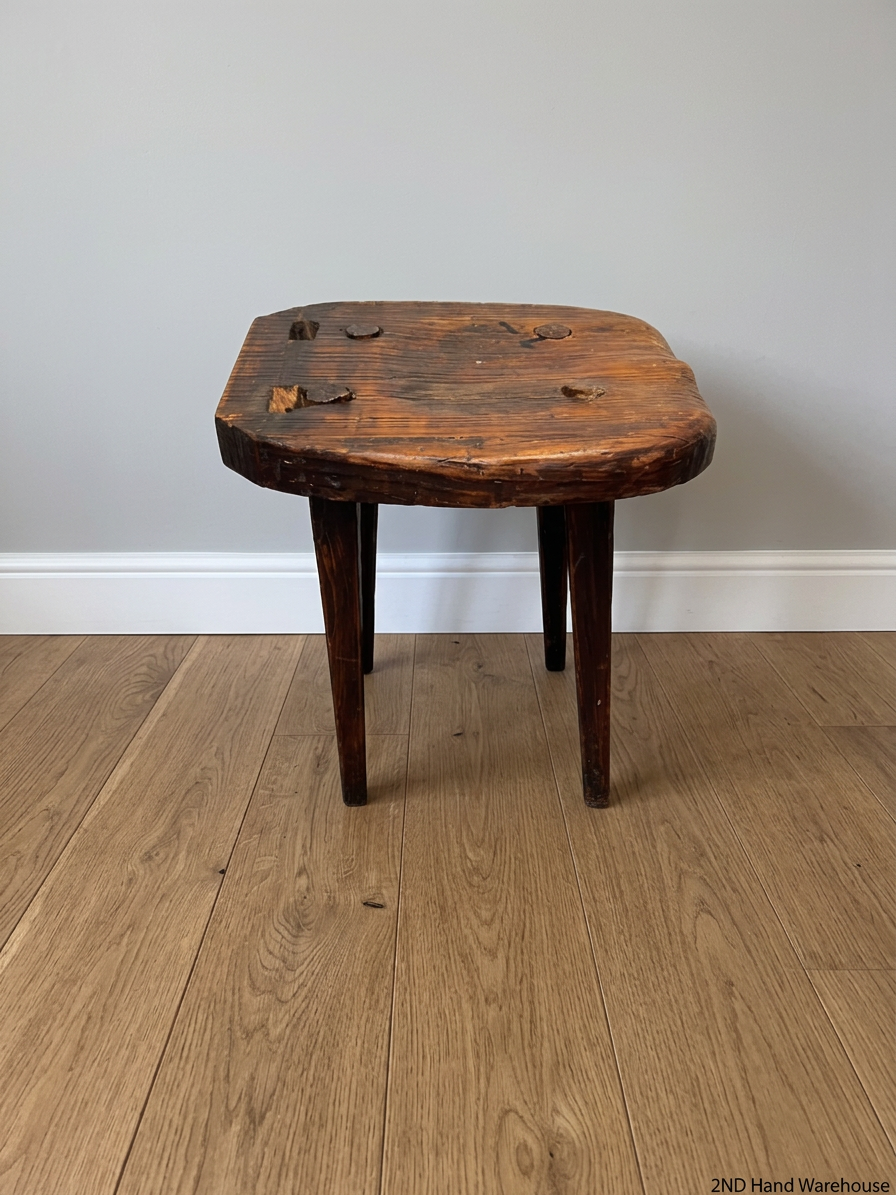 Rustic Hand-Carved Three-Legged Wooden Stool