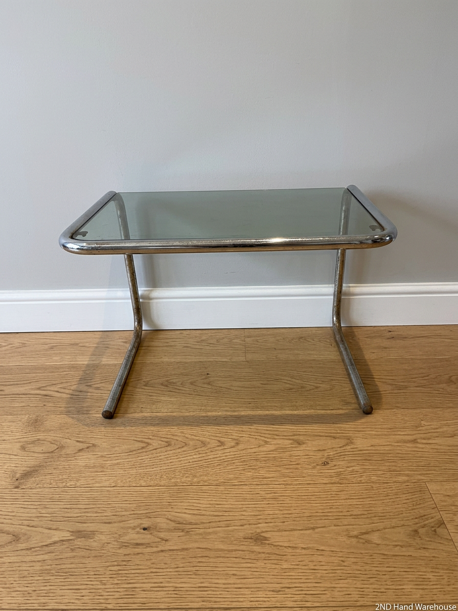 Glass Top Cantilever Side Table with Silver Frame — Well Used with Visible Wear