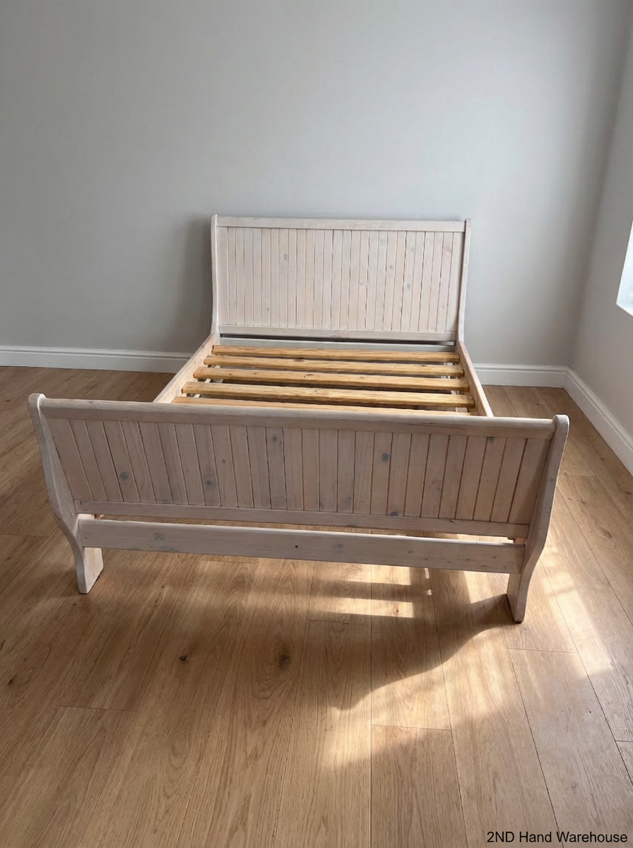 White-Wash Wooden Double Bed Frame with Slats - Fair Condition - 2ndhandwarehouse.com