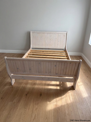 White-Wash Wooden Double Bed Frame with Slats - Fair Condition - 2ndhandwarehouse.com