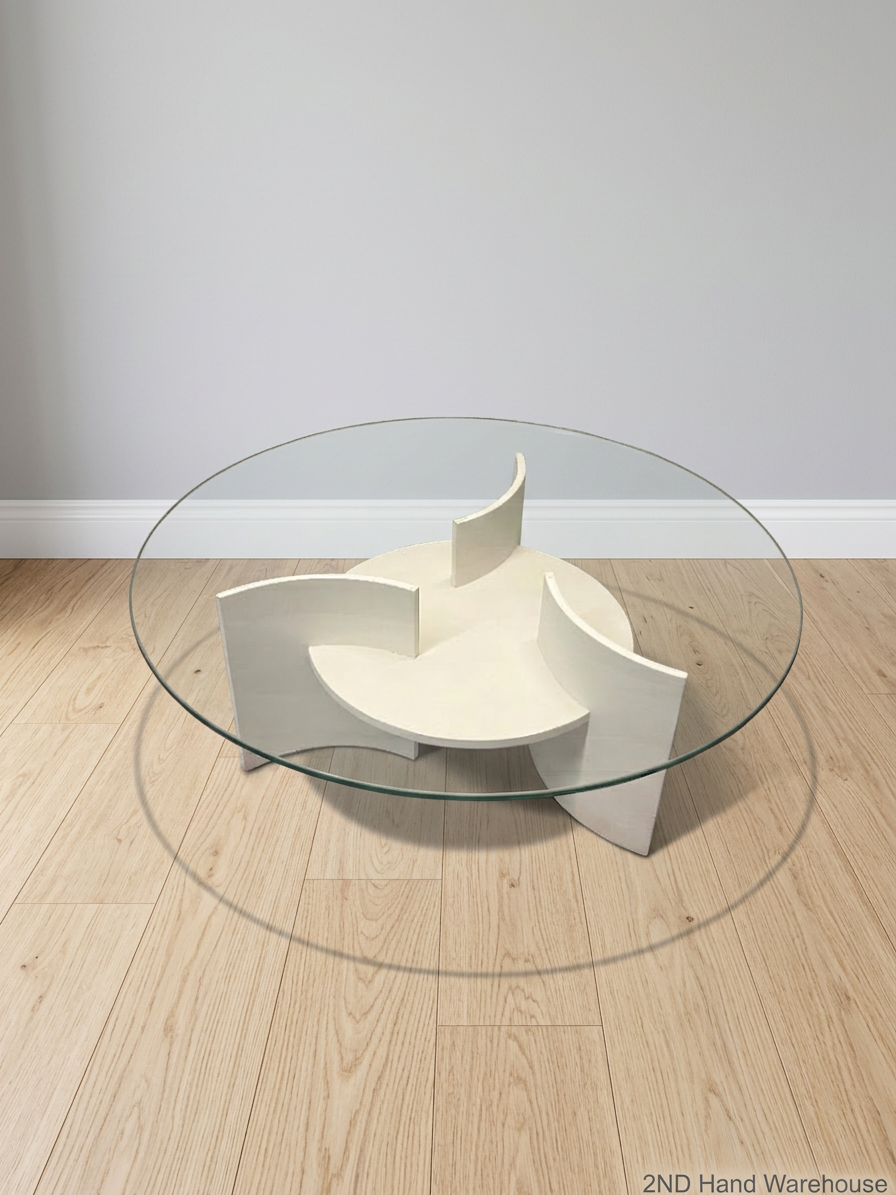 Round Glass Coffee Table with Designer White Base — Well Used Condition