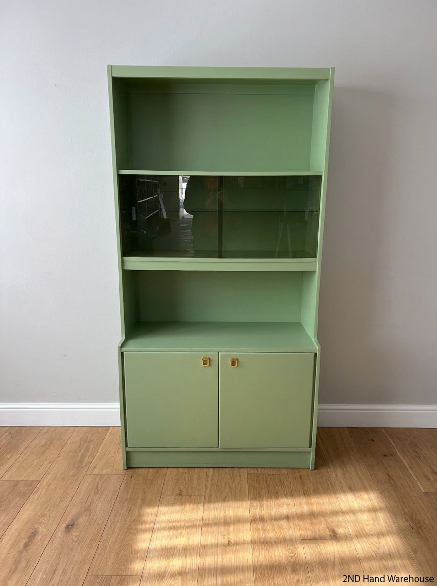 Sage Green Display Cabinet with Glass Sliding Doors