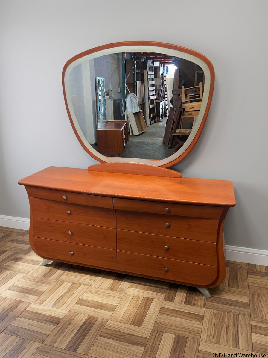 Curved Wooden Dressing Table with Large Mirror — Good Condition