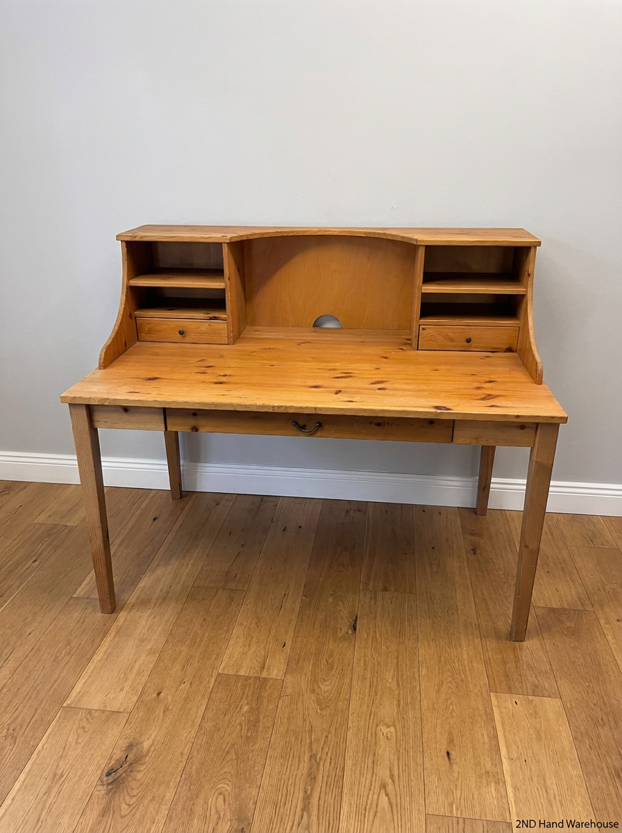 Pine Wood Office Desk with Hutch and Drawers — Fair Condition with Minor Scratches