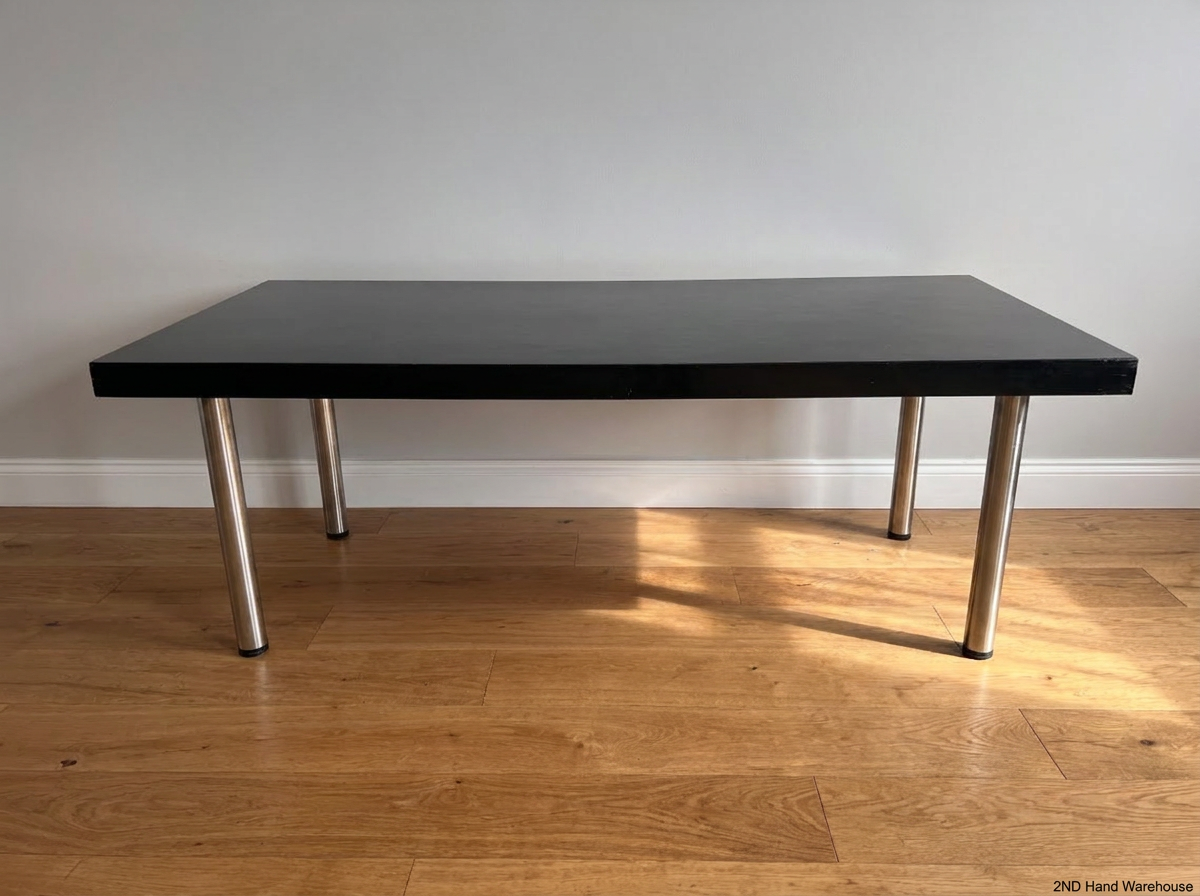 Modern Black Gloss Dining Table with Chrome Legs — Arm Rests of Leather Chairs Scuffed