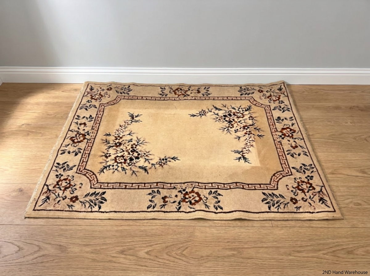 Floral Bordered Area Rug with Greek Key Detail — Well Used with Visible Fading