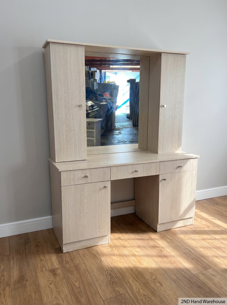 Light Oak Effect Dressing Table with Mirror & Multi-Cabinets
