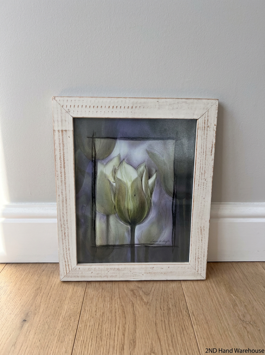 White Rustic Wooden Picture Frame with Tulip Print — Good Working Order - 2ndhandwarehouse.com