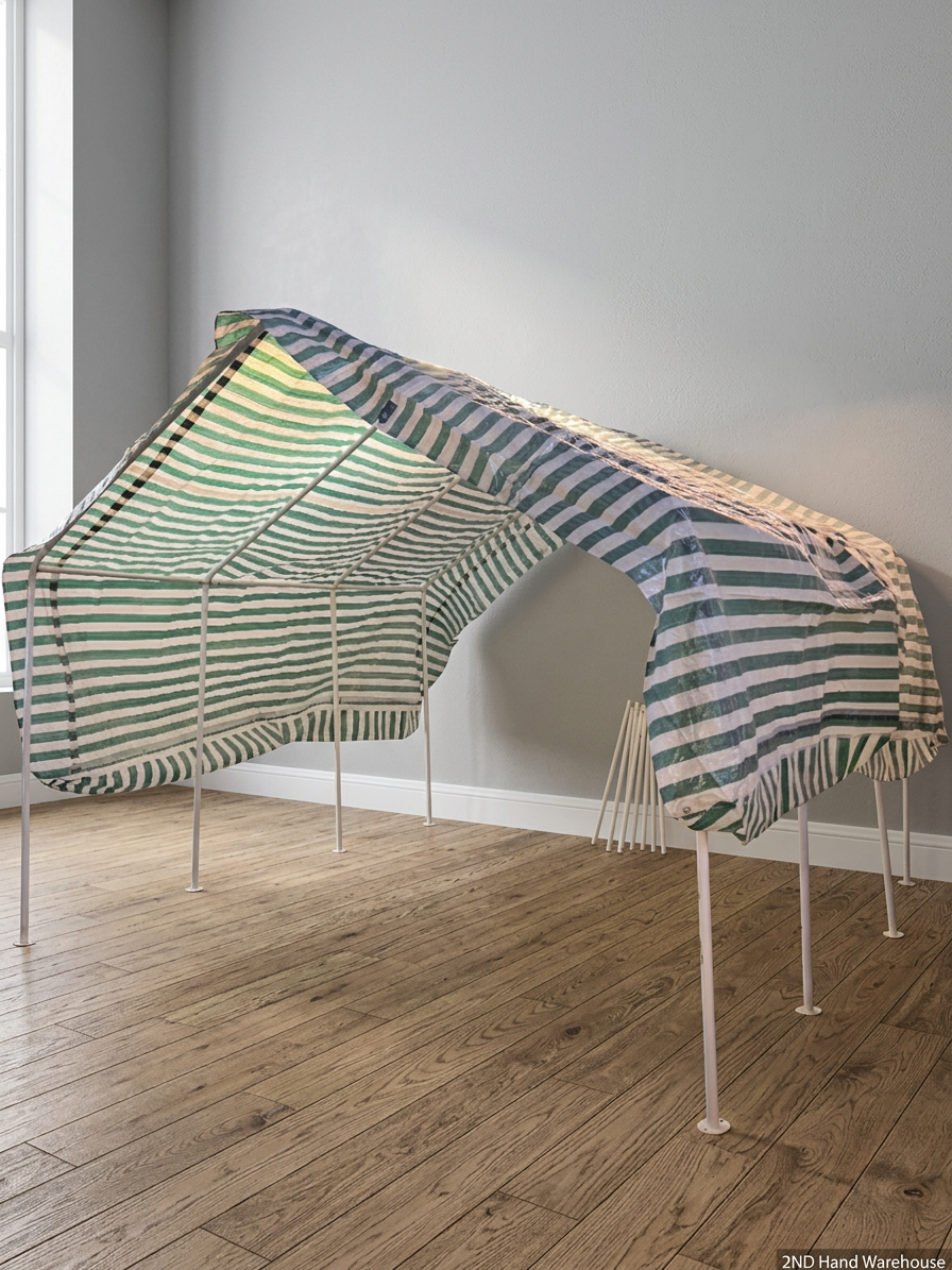 Striped Green and White Portable Canopy Carport — Fair General Condition
