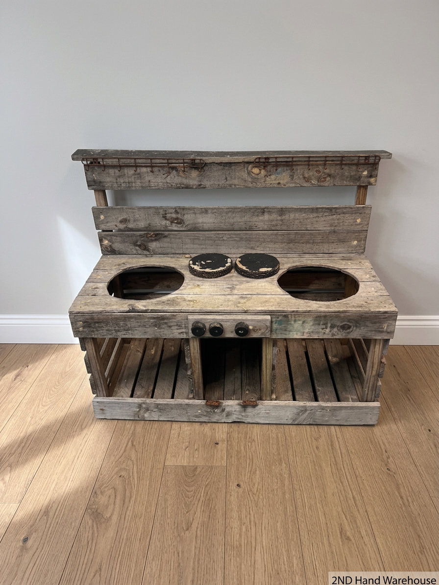 Rustic Grey Wooden Kids Mud Kitchen — Old and Weathered Condition