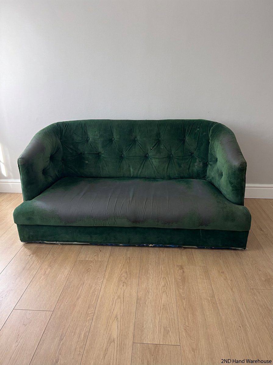 Tufted Green Velvet-Look 2 Seater Couch — Significant Upholstery Wear and Thinning Fabric