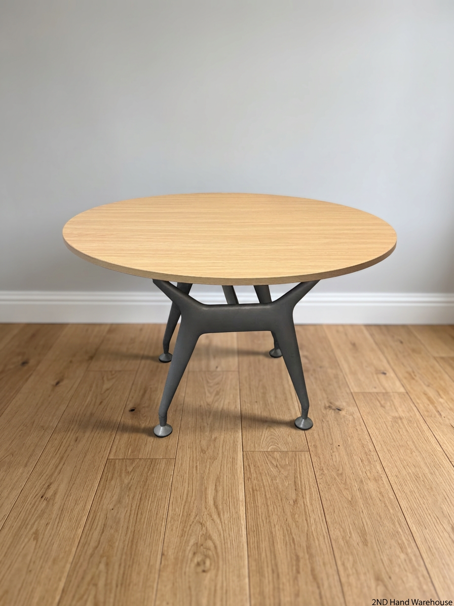 Round Oak-Toned Table with Modern Metal Base — Clean and Well-Maintained Condition