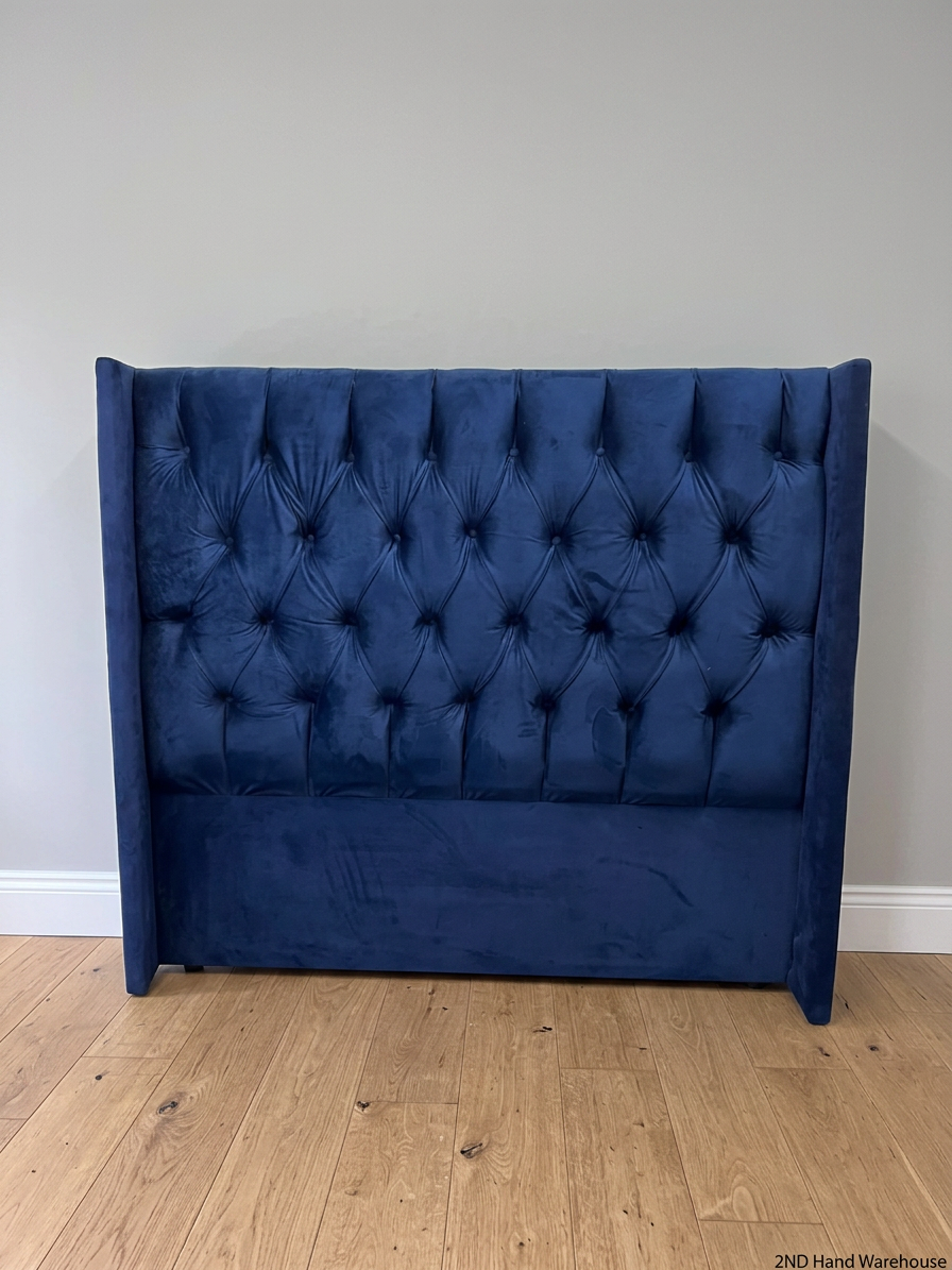 Navy Blue Velvet-Style Wingback Headboard by Makro — Good Working Order