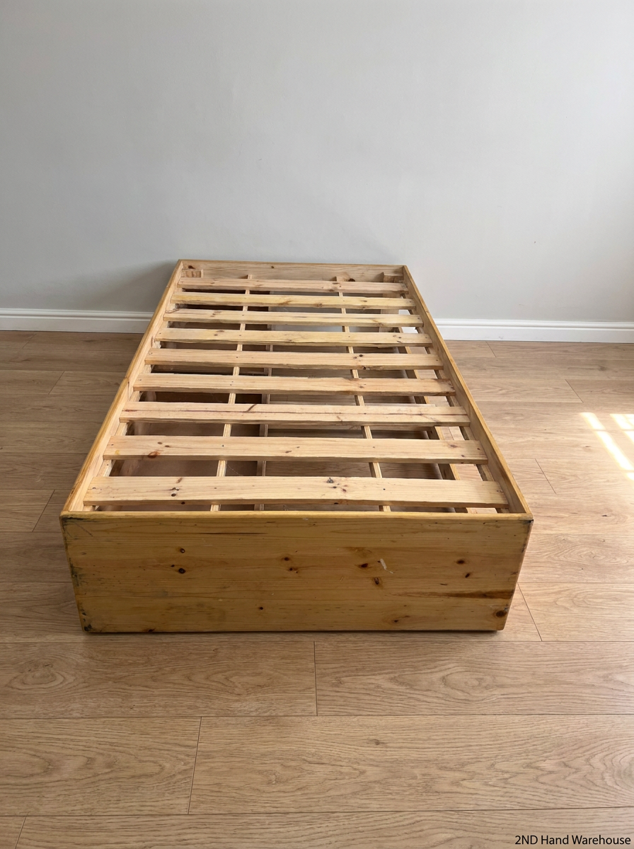 Single Wooden Bed Frame with White Storage Drawers — Good Condition with Minor Dust - 2ndhandwarehouse.com
