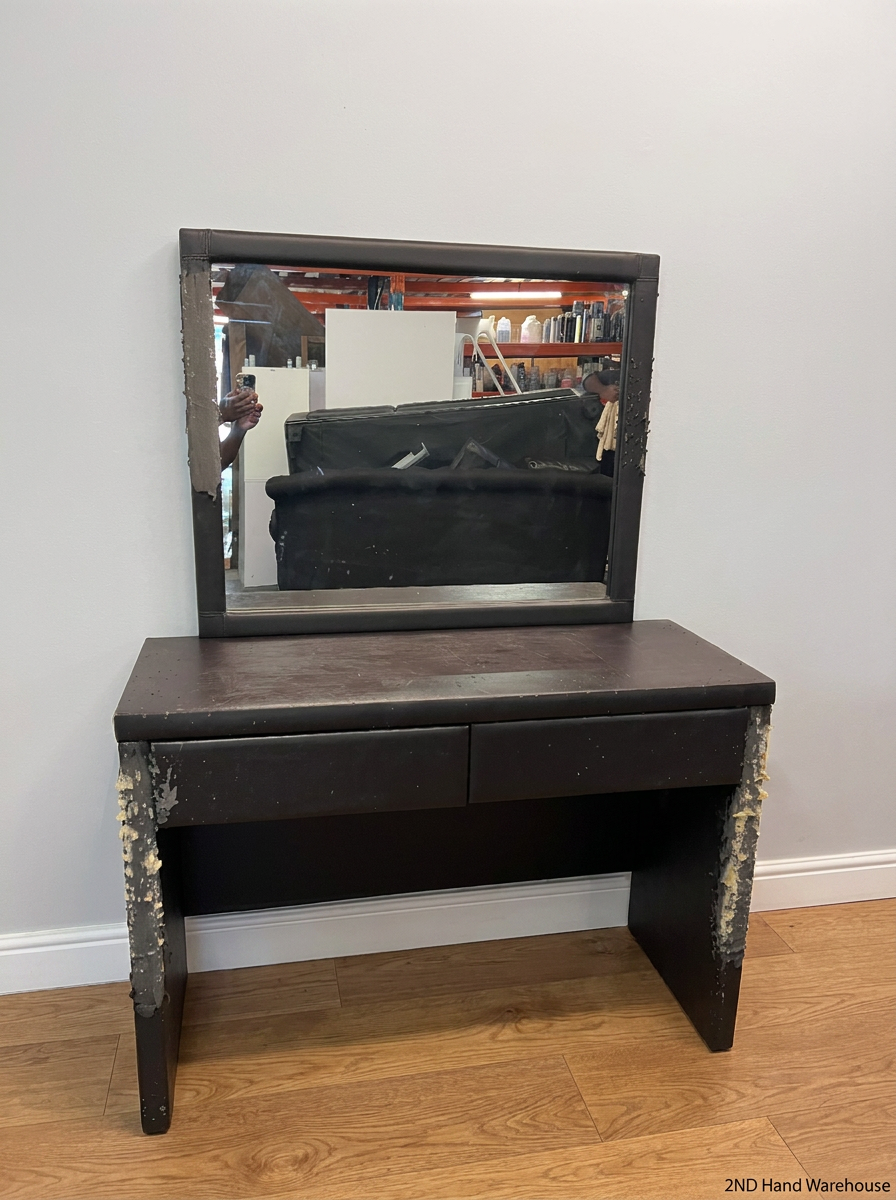 Dark Brown Upholstered Dressing Table with Mirror — Damaged Frame and –