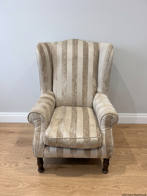 Striped Fabric Beige Wingback Chair — Good Condition