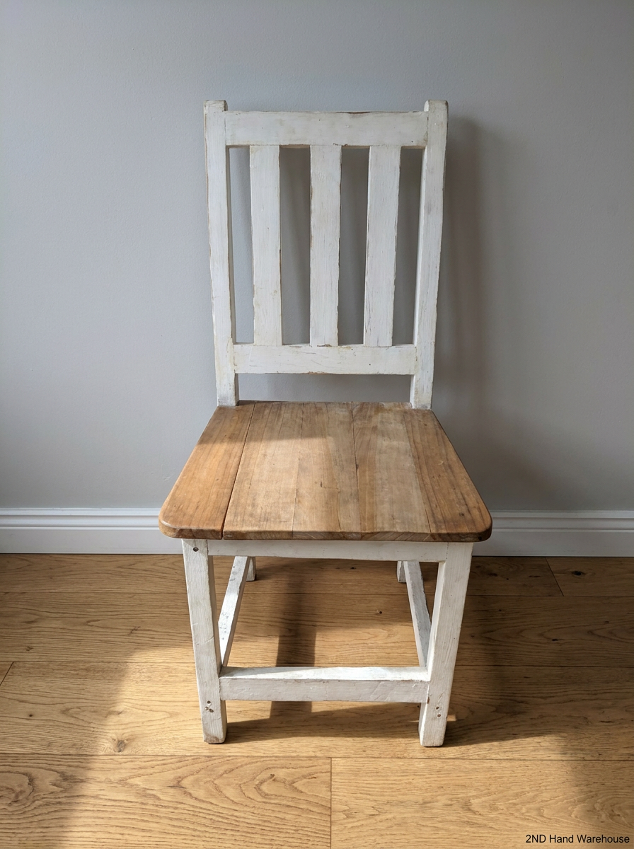 Two-Tone Pine Dining Chair with White Slatted Back — Visible Paint Wear and Surface M