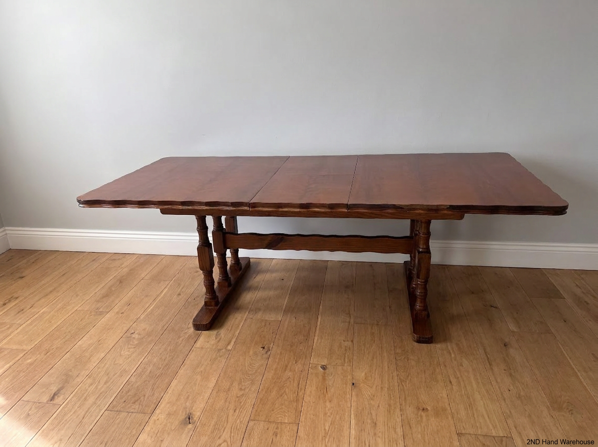 Extendable Brown Wood Trestle Dining Table — One Chair  Repair and Modified Seat Covering