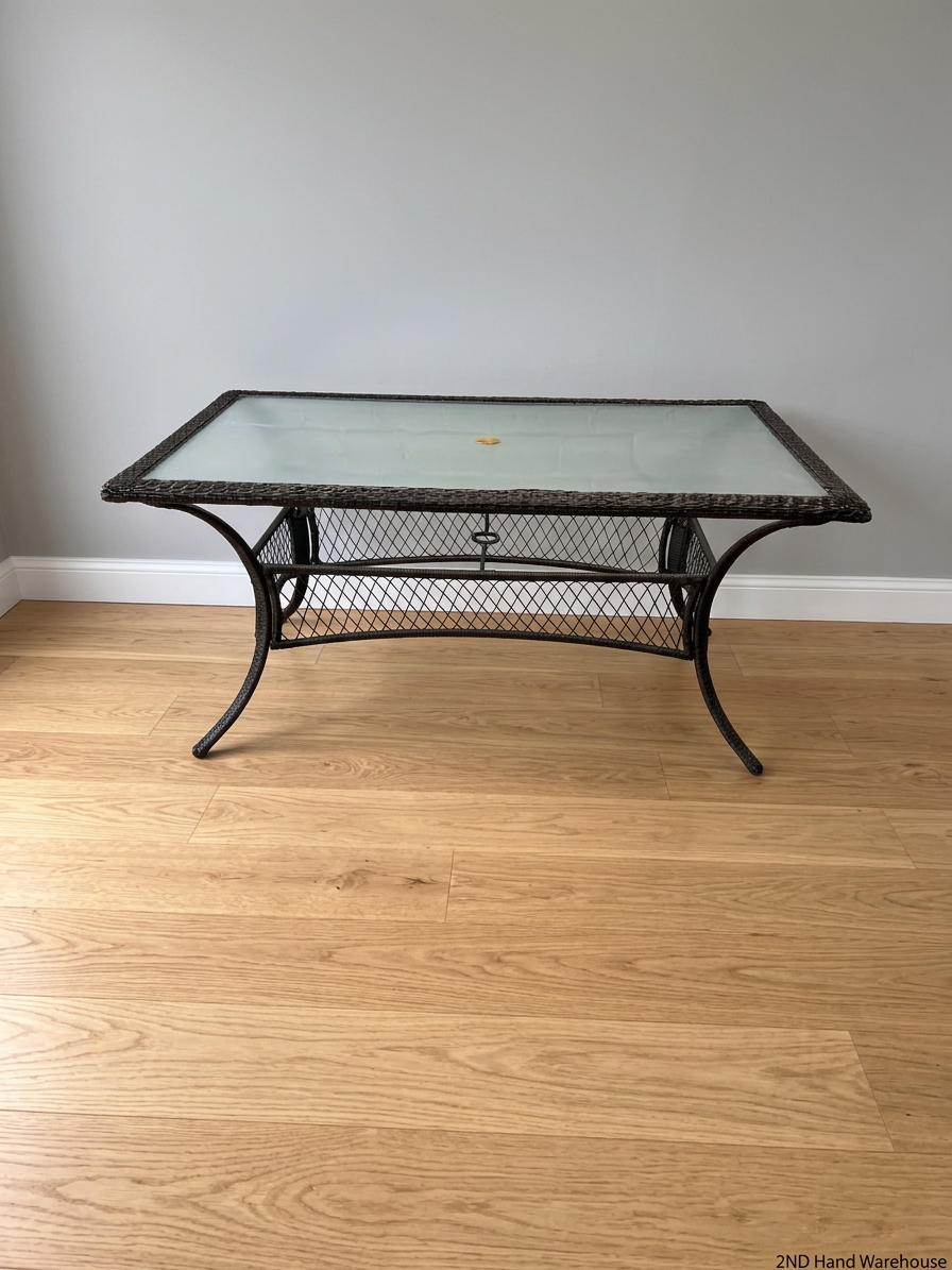 Wicker and Glass Rectangular Dining Table — Very Good Condition