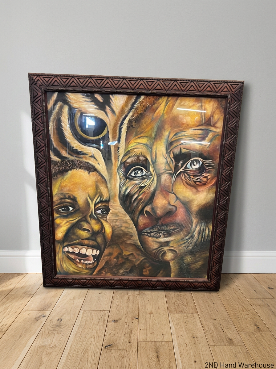 Large Carved Wooden Framed Portrait Artwork — Used; Fair Condition