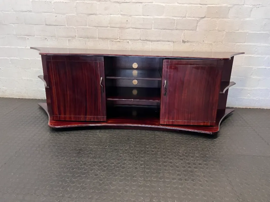 2m Wide Solid Wood TV Unit - Rich Burgundy Finish - 2ndhandwarehouse.com