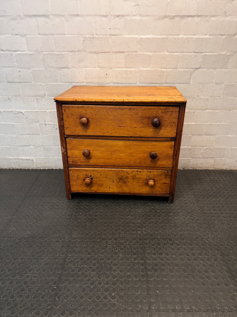 3-Drawer Wooden Chest in Light Oak Finish — Well Used; Visible Scratches and Aged Finish