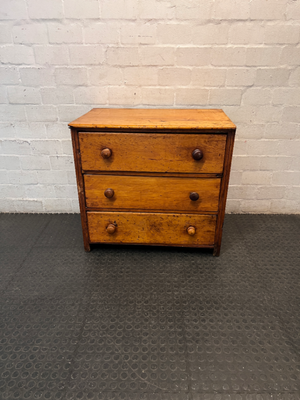 3-Drawer Wooden Chest in Light Oak Finish — Well Used; Visible Scratches and Aged Finish