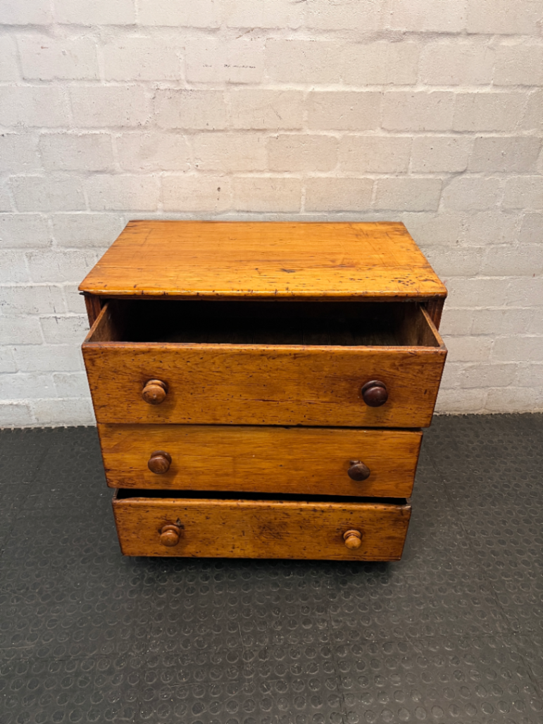3-Drawer Wooden Chest in Light Oak Finish — Well Used; Visible Scratches and Aged Finish