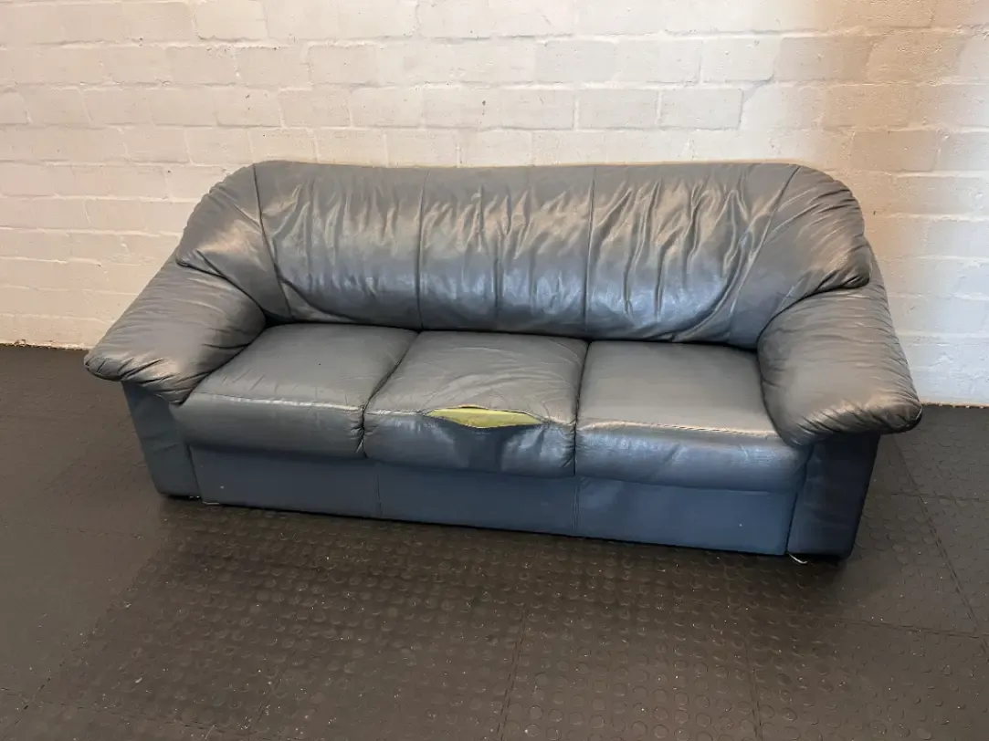 3-Seater Dark Blue Leather Couch - Needs Repair (Significant Tear) - 2ndhandwarehouse.com