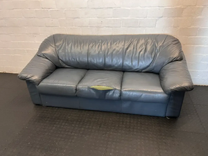 3-Seater Dark Blue Leather Couch - Needs Repair (Significant Tear) - 2ndhandwarehouse.com