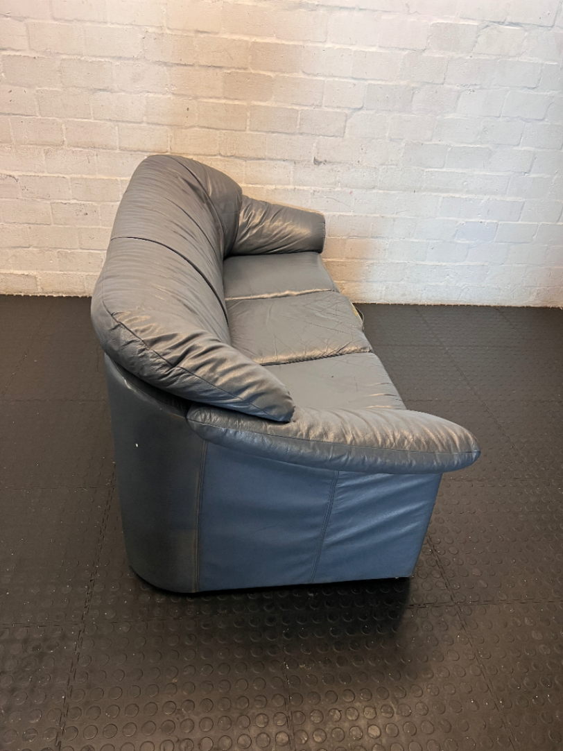 3-Seater Dark Blue Leather Couch - Needs Repair (Significant Tear) - 2ndhandwarehouse.com