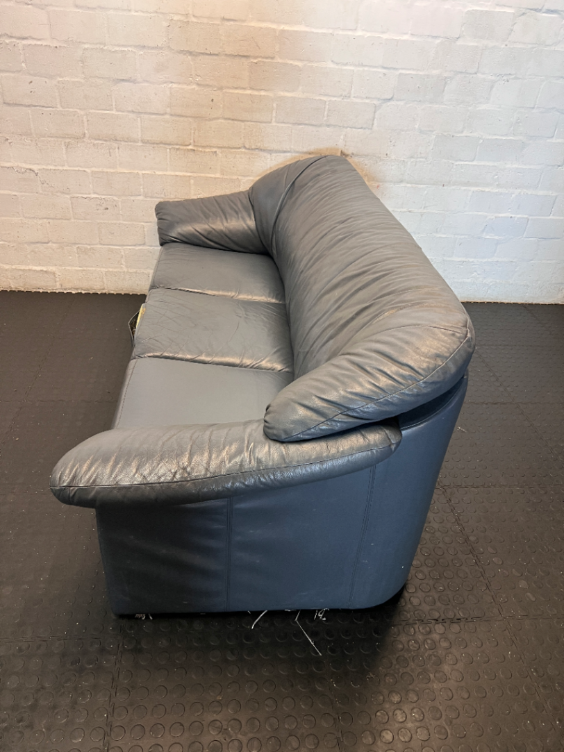 3-Seater Dark Blue Leather Couch - Needs Repair (Significant Tear) - 2ndhandwarehouse.com