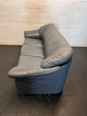 3-Seater Dark Blue Leather Couch - Needs Repair (Significant Tear) - 2ndhandwarehouse.com